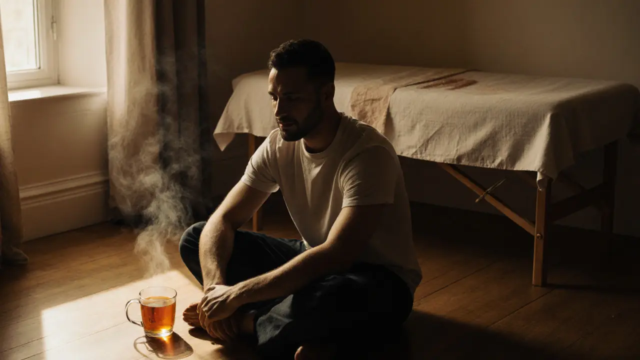 A man sitting quietly after a massage, tears on his cheeks, golden light streaming in, a steaming cup of tea beside him, exuding deep peace and emotional release.