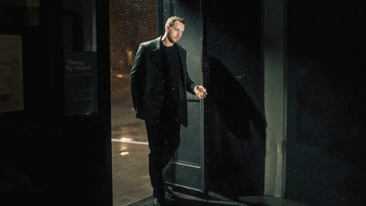 A man walking alone in rainy London after a massage, relaxed posture, rain glistening on his skin, no phone or umbrella.
