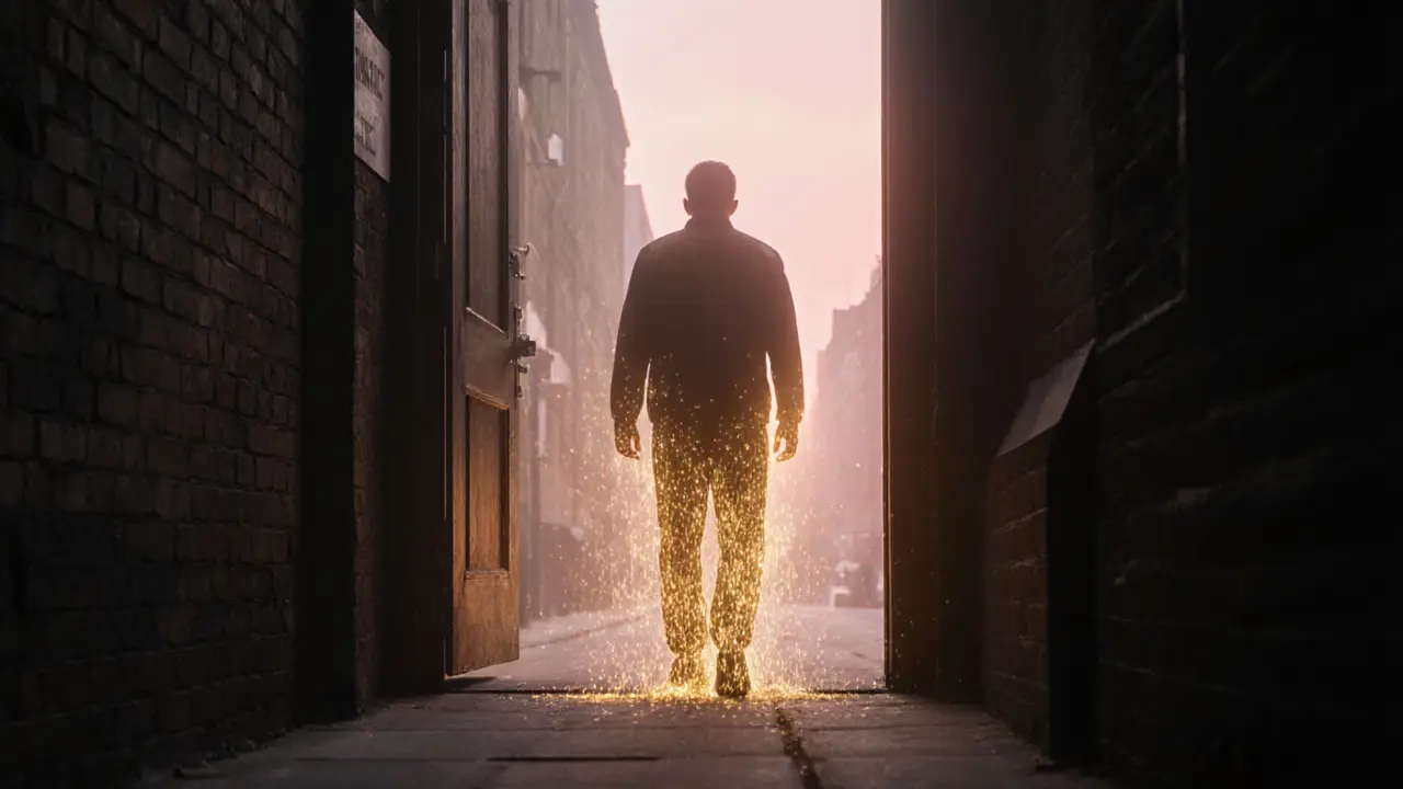 A man walking away from a hidden door at dawn, invisible tension dissolving around him as the city feels calmer.
