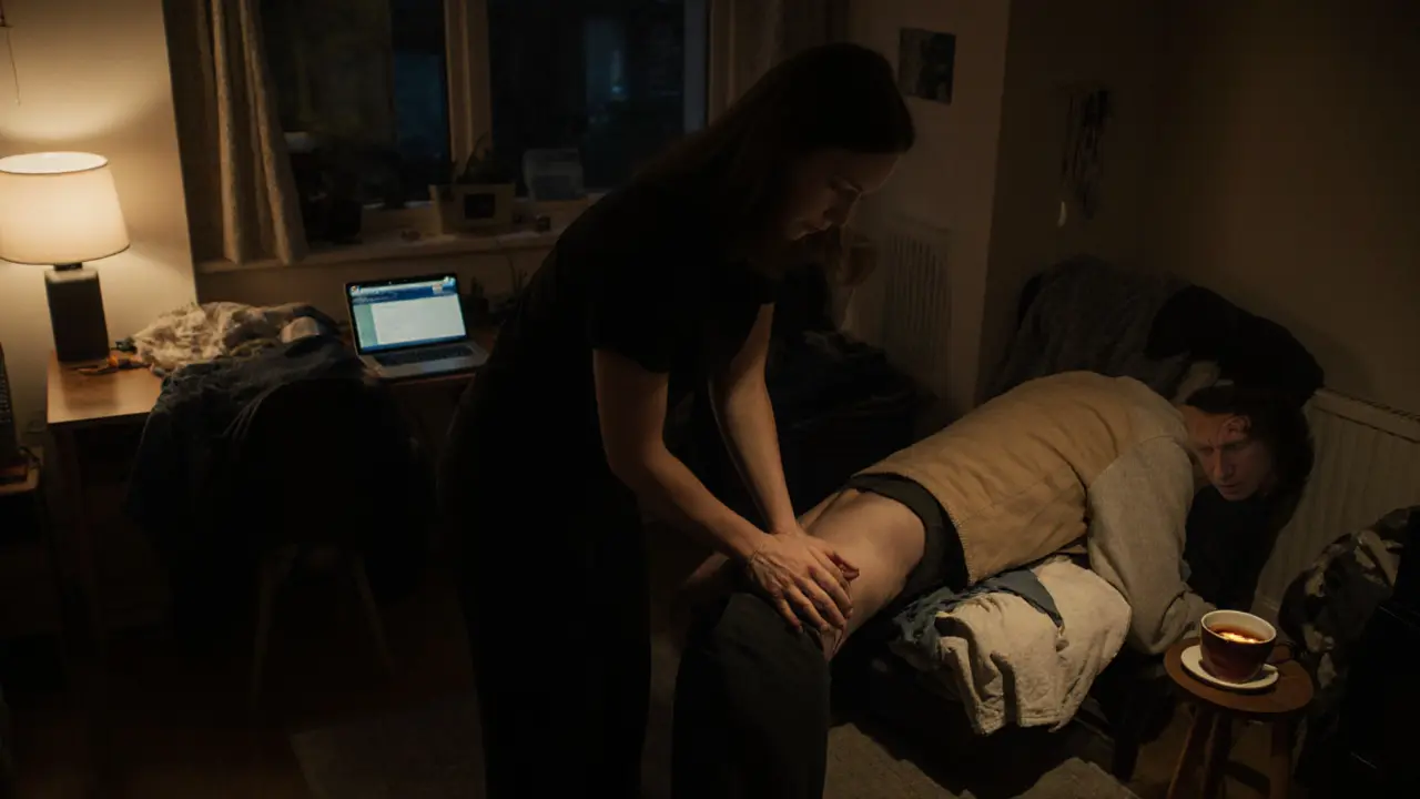 A mobile massage therapist providing deep tissue therapy to a client in their London apartment at night.