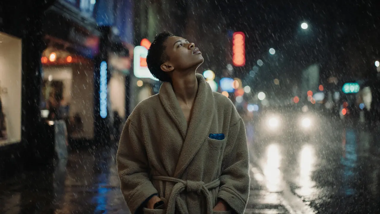 A person walks alone in rainy London after a spa session, towel robe wrapped tightly, phone unseen, face turned to the rain.