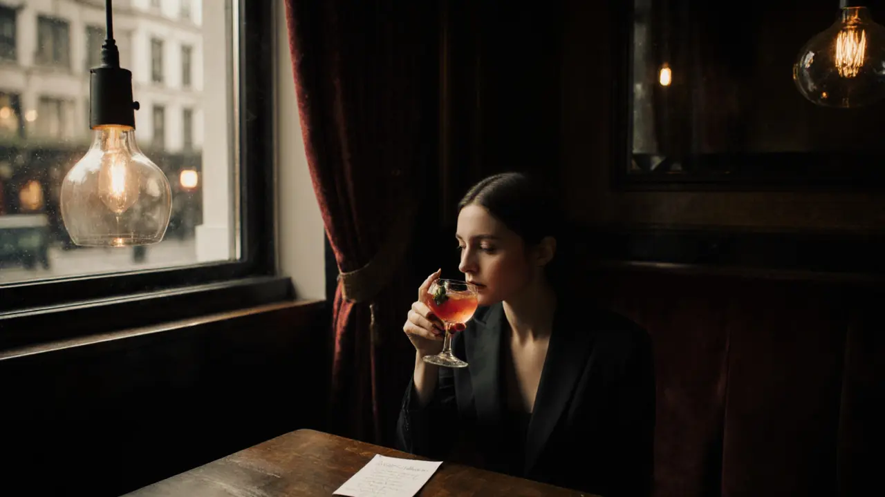 A solitary guest sipping a unique Negroni in a velvet-curtained booth, soft light and blurred city lights in the background.