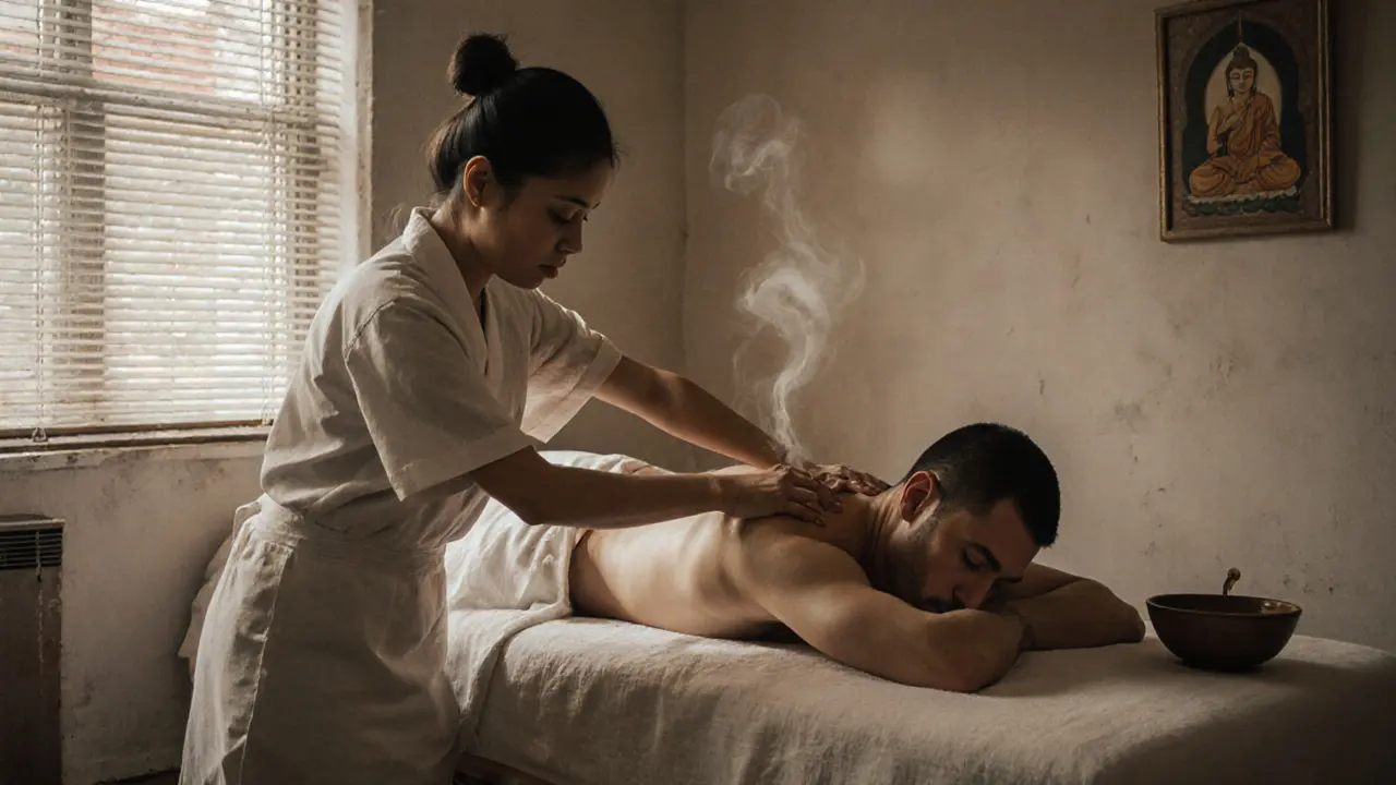 A Thai masseuse working deeply on a client&#039;s shoulders in a modest apartment, steam rising from herbal oil.