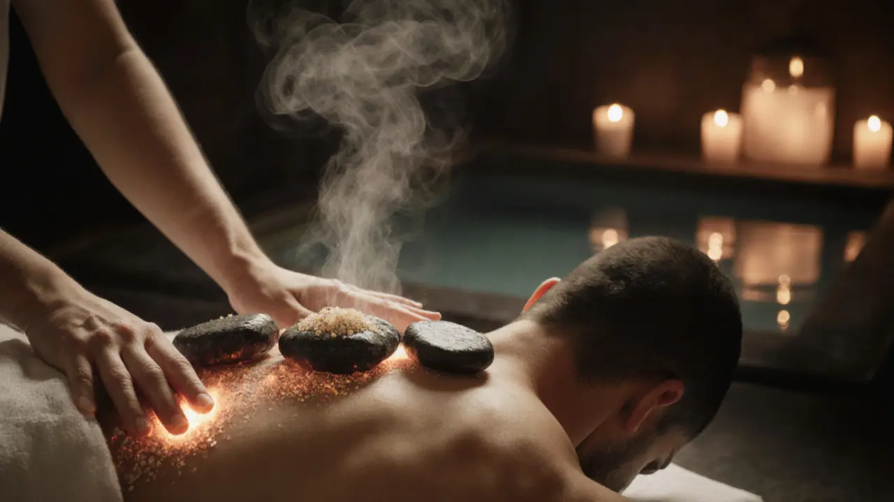A therapist applies sea salt and argan oil to a reclining body, with hot stones along the spine and steam rising gently.