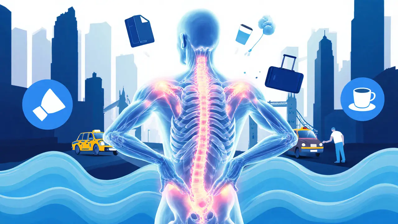 A translucent human body in an urban setting with tension released as calming blue waves, symbolizing the shift from stress to recovery.