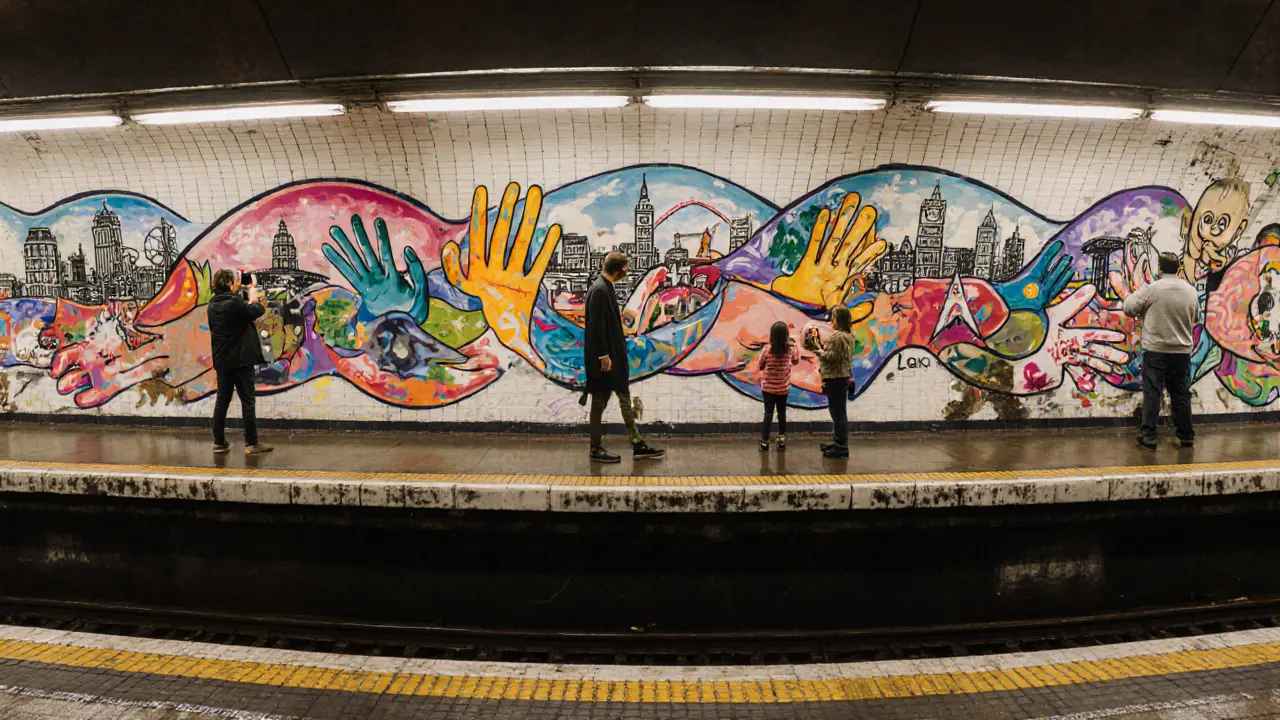 A vibrant graffiti mural covers the platform at Oval Station, with commuters and children engaging with the artwork.