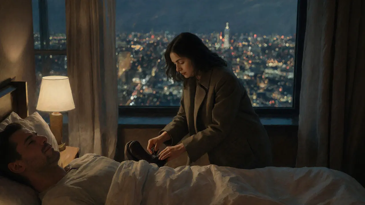 A woman removes her shoes beside a relaxed man in a serene London apartment with city lights visible.
