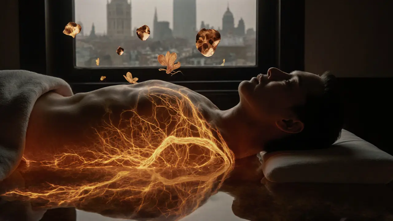Artistic depiction of a man&#039;s body glowing with calming light as tension dissolves into neural patterns during a massage.