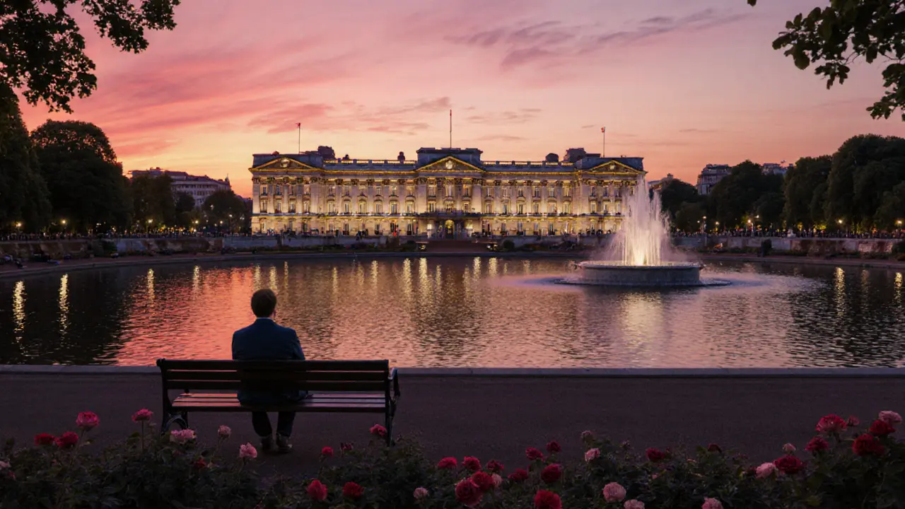 Buckingham Palace lit at sunset from St James’s Park, reflecting in the lake with restored gardens.