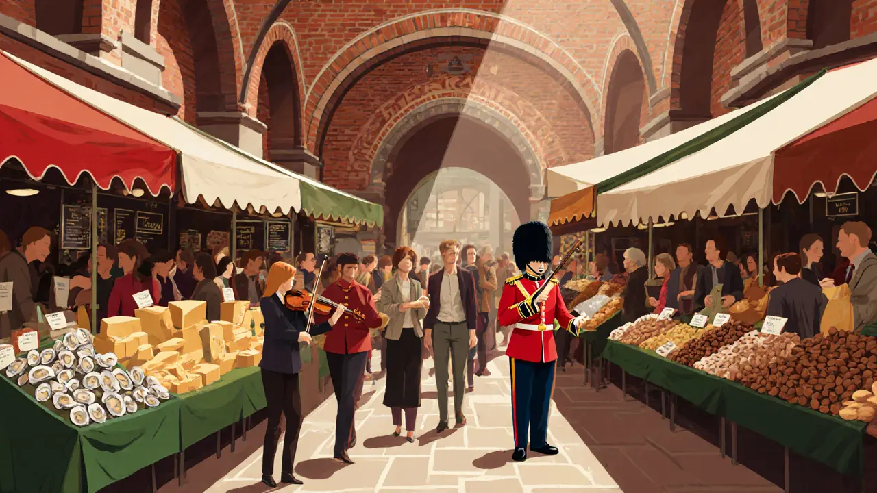 Bustling Borough Market with food stalls, a Beefeater buying pastry, and violinist playing nearby.