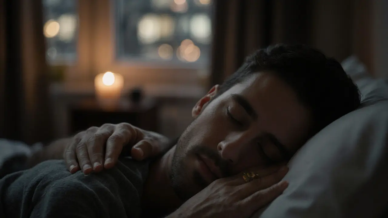 Calloused hands gently holding a man’s neck and shoulders in peaceful surrender, dimly lit apartment in background.