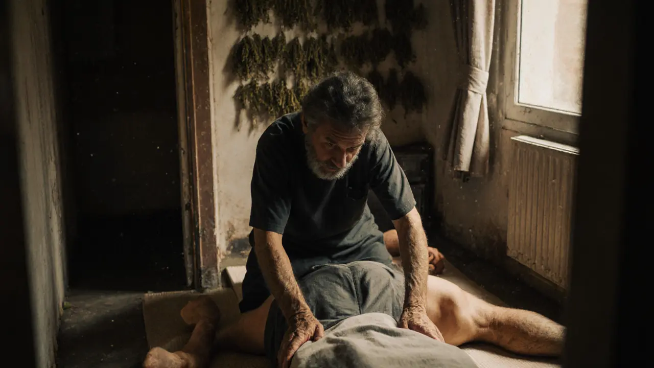 Calloused hands pressing into a client’s hip during an authentic Thai massage, with herbs drying in the background.