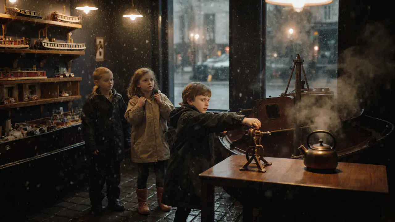 Children watching a restored narrowboat at the London Canal Museum on a rainy afternoon.