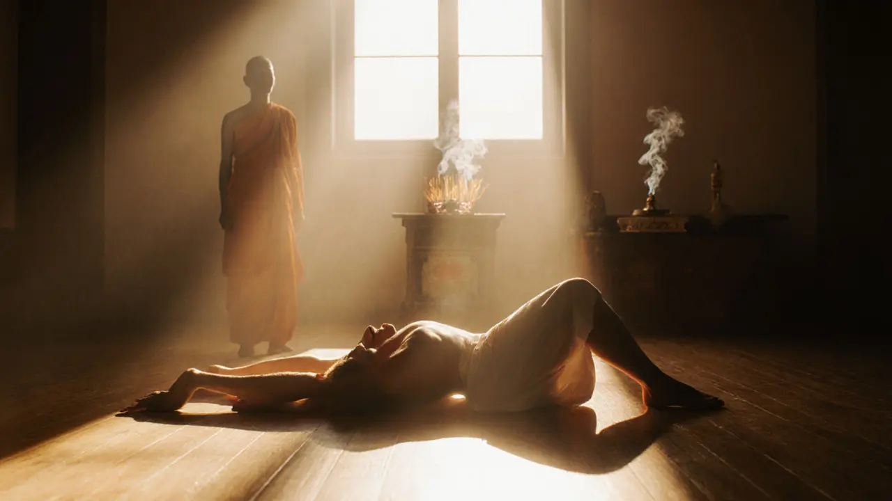 Client lying peacefully after a session, golden light bathing their relaxed body in a quiet, unadorned room.