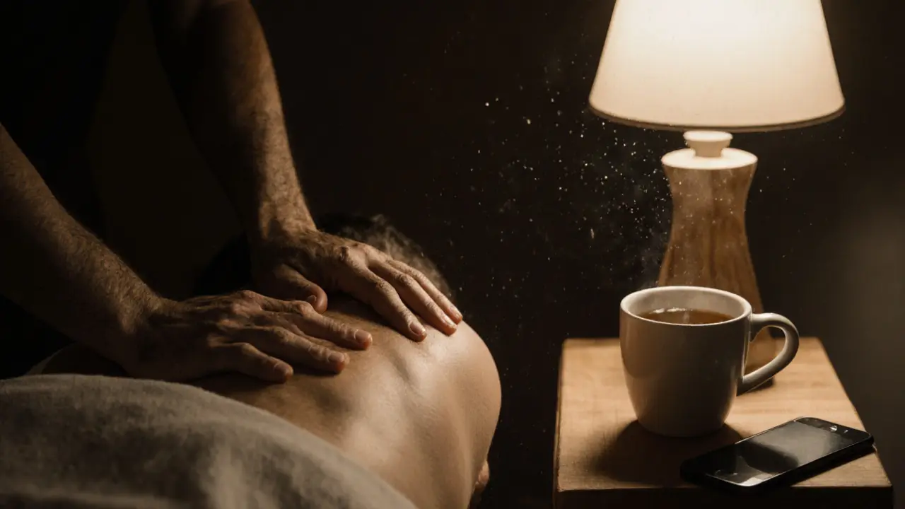 Close-up of gentle hands massaging tense shoulders in soft sunlight, with a phone and tea forgotten nearby.