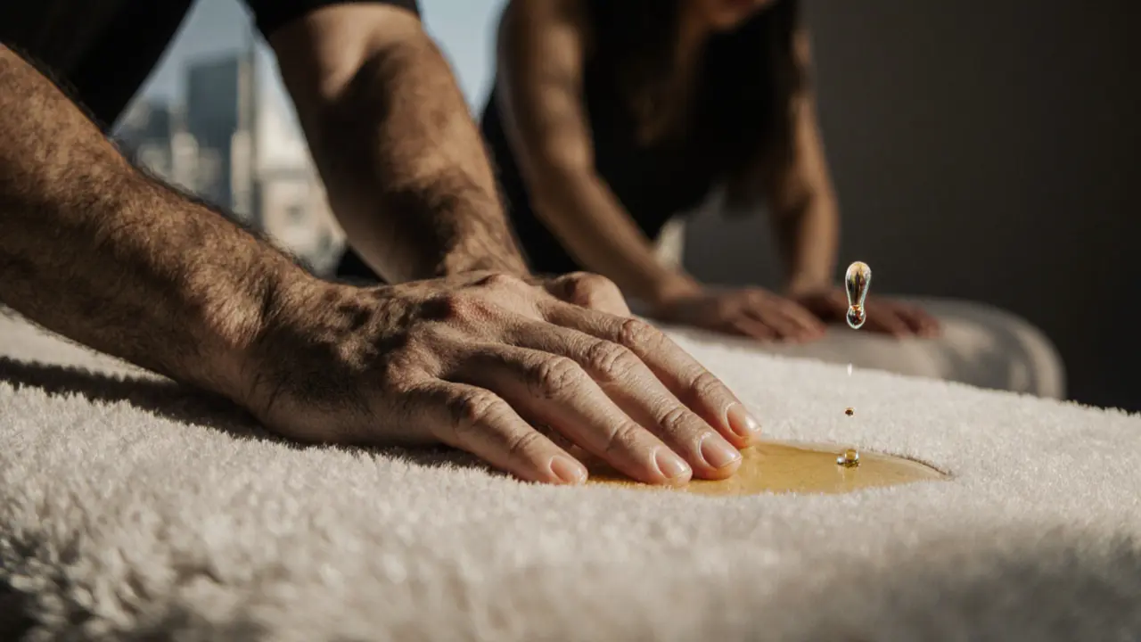 Close-up of hands in a massage session, oil glistening, symbolizing release and human connection.