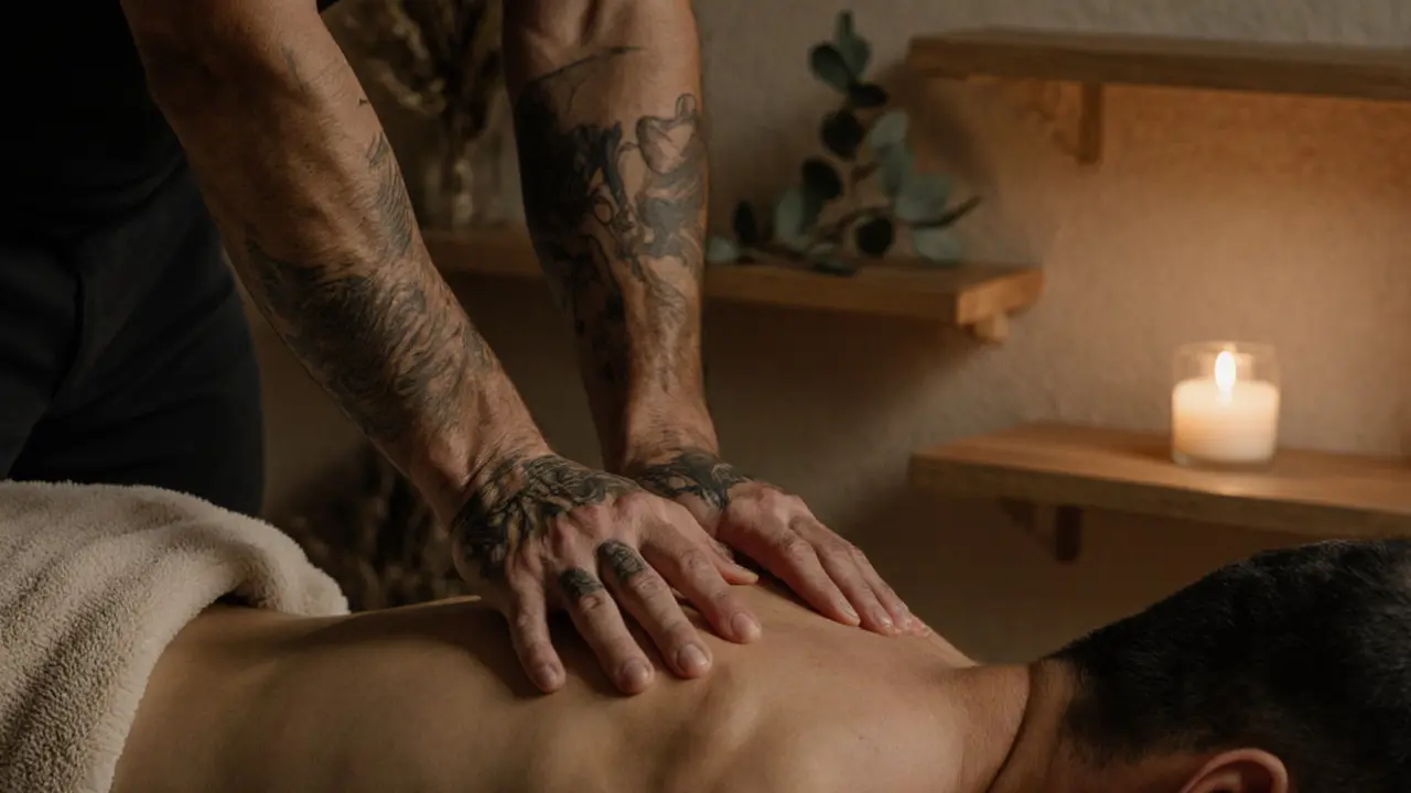 Close-up of skilled hands massaging a towel-wrapped back in a quiet, minimalist room.