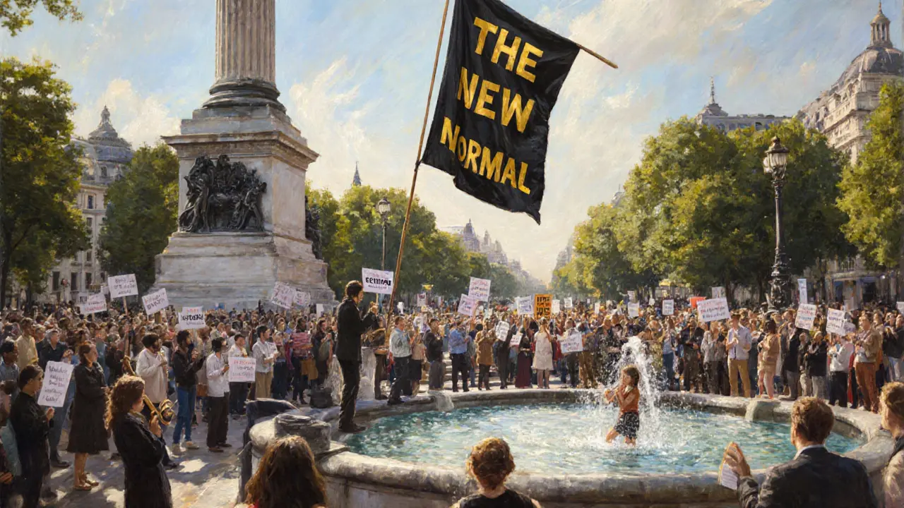 Crowd protesting in Trafalgar Square under Nelson&#039;s Column, with a bold art installation on the fourth plinth and street performers nearby.