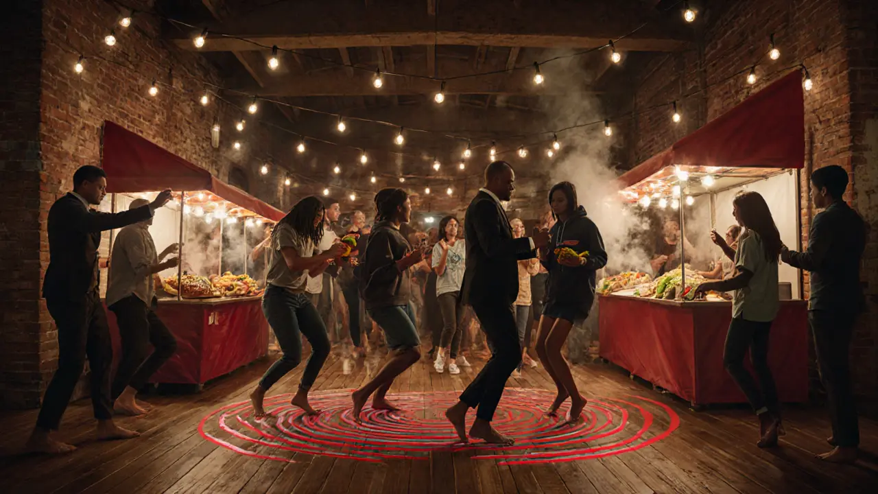 Diverse crowd dancing and eating street food at Canvas nightclub under string lights.