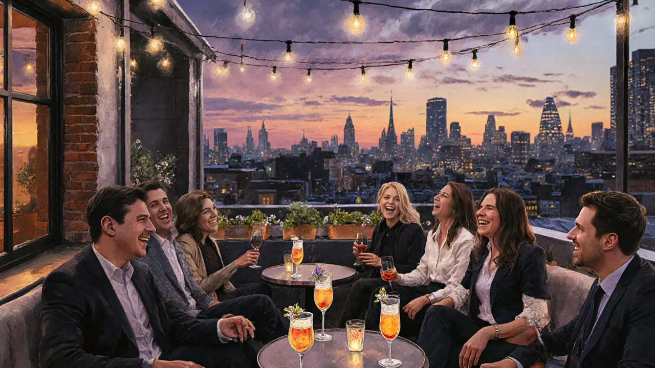 Diverse crowd enjoying cocktails at a trendy rooftop bar in King&#039;s Cross as city lights twinkle below at dusk.