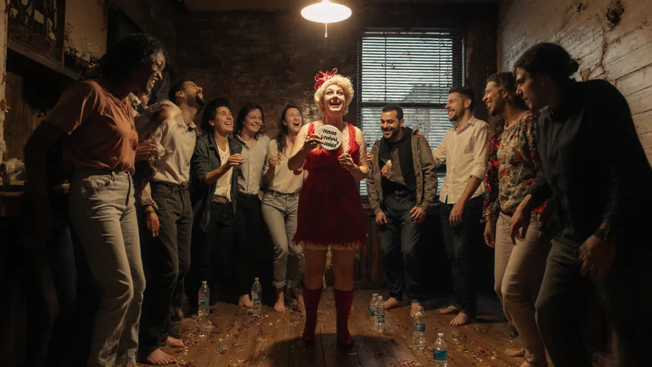 Diverse group at a queer club at dawn, one person in drag holding a symbolic pin, soft light filtering through blinds.
