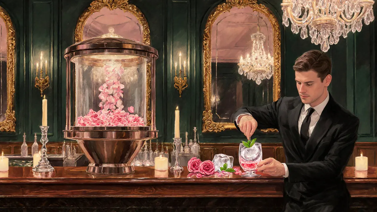 Elegant Connaught Bar bartender crafting a rose-infused cocktail with a rotary evaporator.