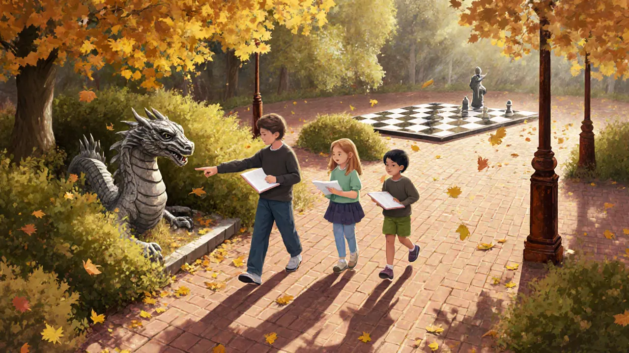 Family sketching in a park as they discover a hidden dragon statue among trees and bushes.