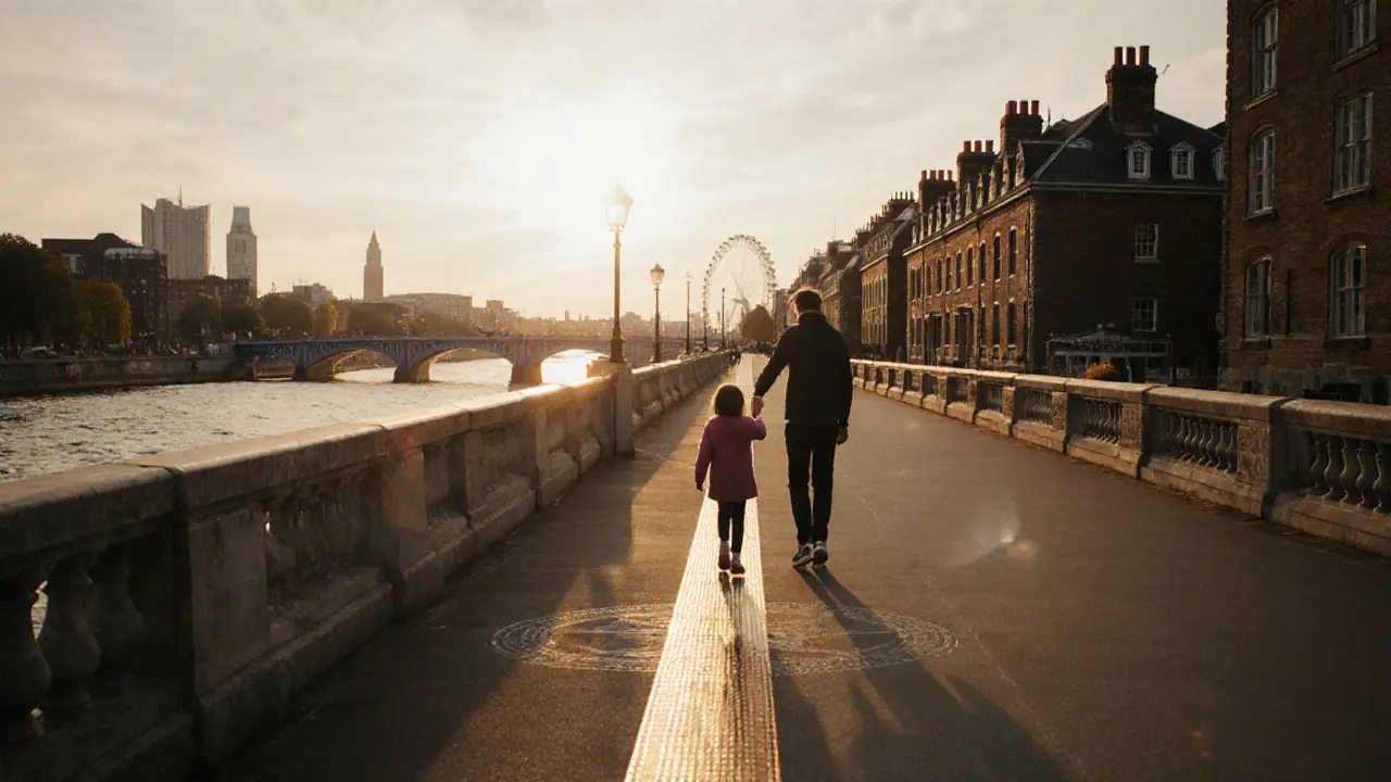 Family standing on the Prime Meridian Line at Greenwich Observatory, one foot in each hemisphere.