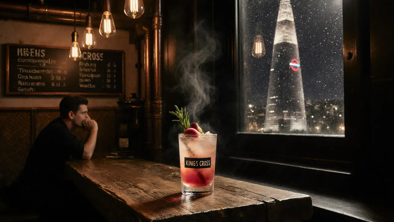 Industrial-chic London cocktail bar with Underground-themed drinks and Shard visible through rain-streaked windows.