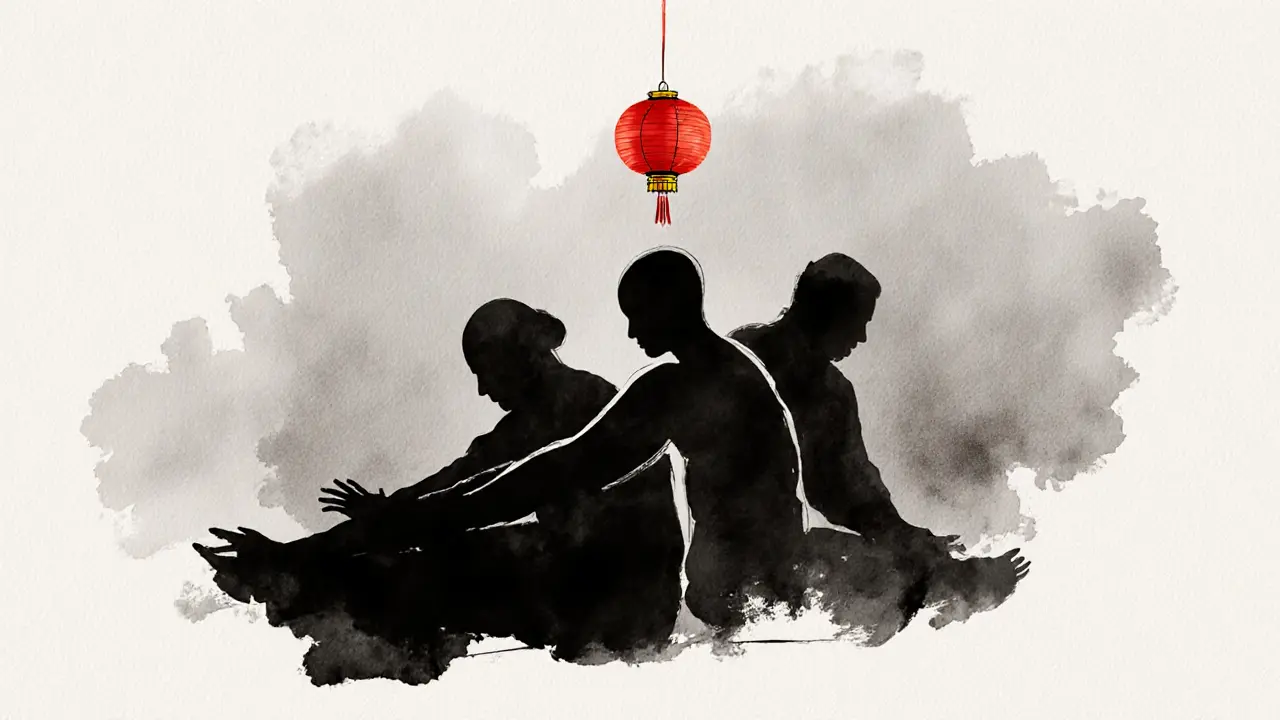 Ink-wash illustration of three traditional Asian massage techniques—Thai, Shiatsu, and Tui Na—represented by flowing brushstrokes and a glowing red lantern.