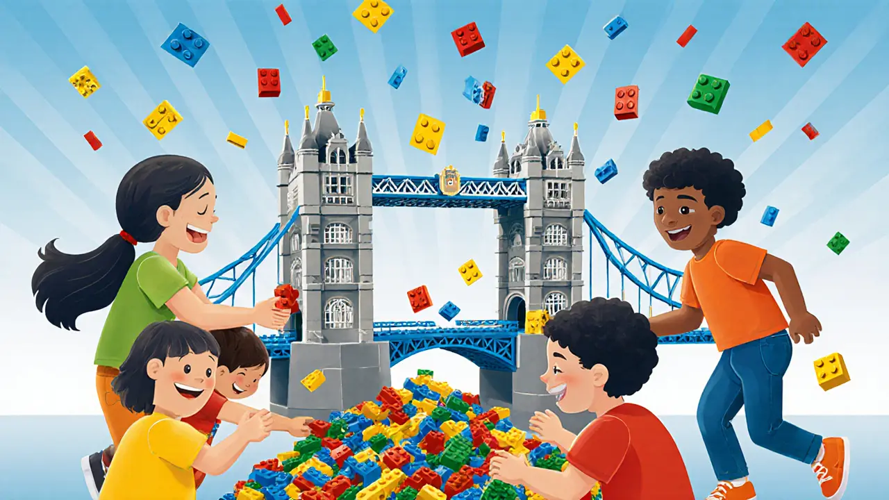 Kids building with LEGO bricks at a free public workshop, adding to a giant Tower Bridge model.