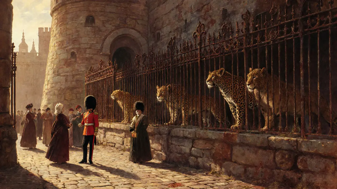 Lions and leopards behind iron cages at the Tower of London&#039;s Royal Menagerie, visitors peering through bars in 18th-century attire.