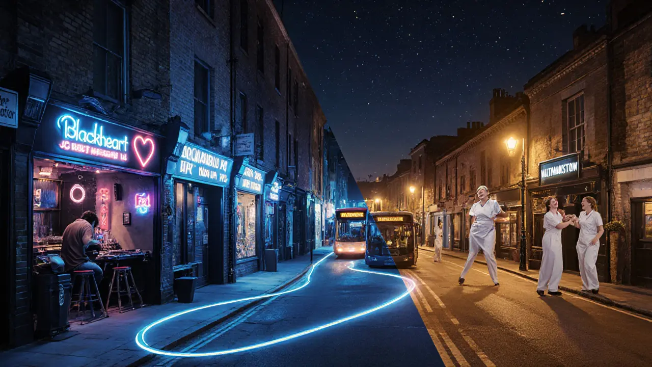 London&#039;s late-night bars connected by night buses, showing diverse communities in quiet harmony.