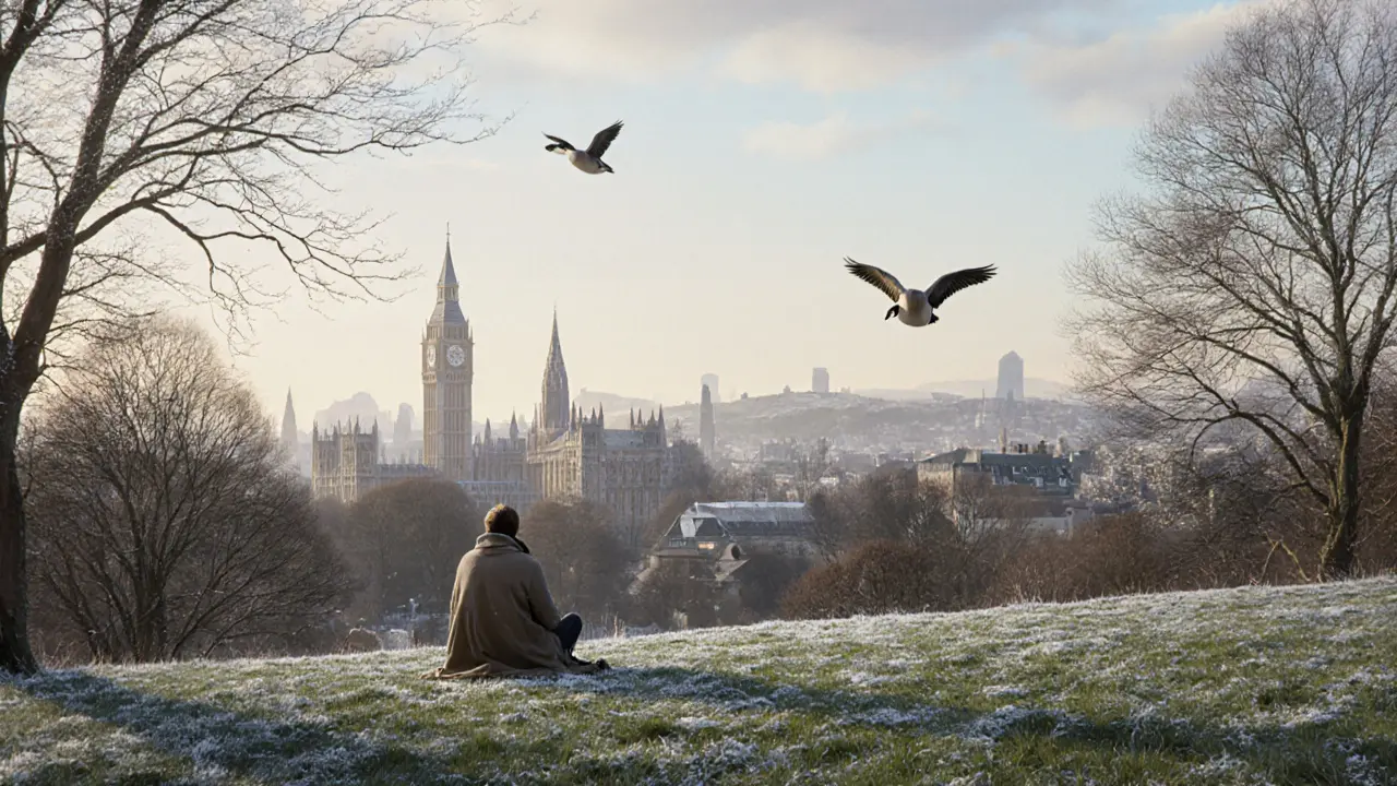 Panoramic view from Parliament Hill on Hampstead Heath with London skyline and bare trees in winter.
