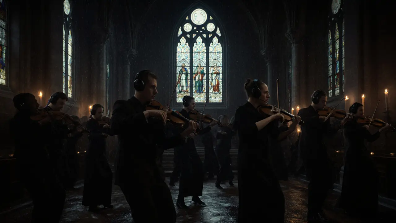 People dance in silent harmony inside a candlelit chapel, wearing headphones as a string quartet performs above them.