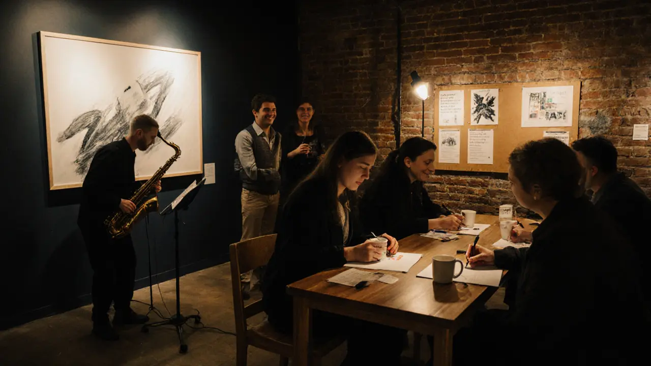 People sketching and sipping tea at the South London Gallery during a community art night with live jazz in the background.