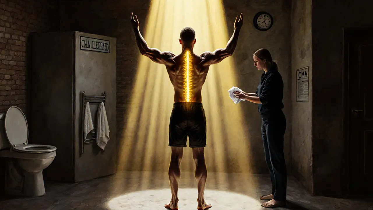Person standing with golden light radiating from their spine after a massage in a converted Victorian toilet block.