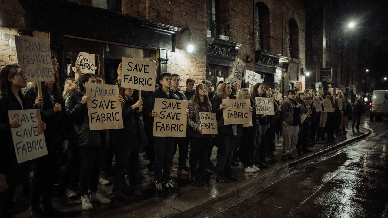 Protesters outside Fabric nightclub holding signs saying &#039;Save Fabric&#039; during a nighttime rally in the rain.