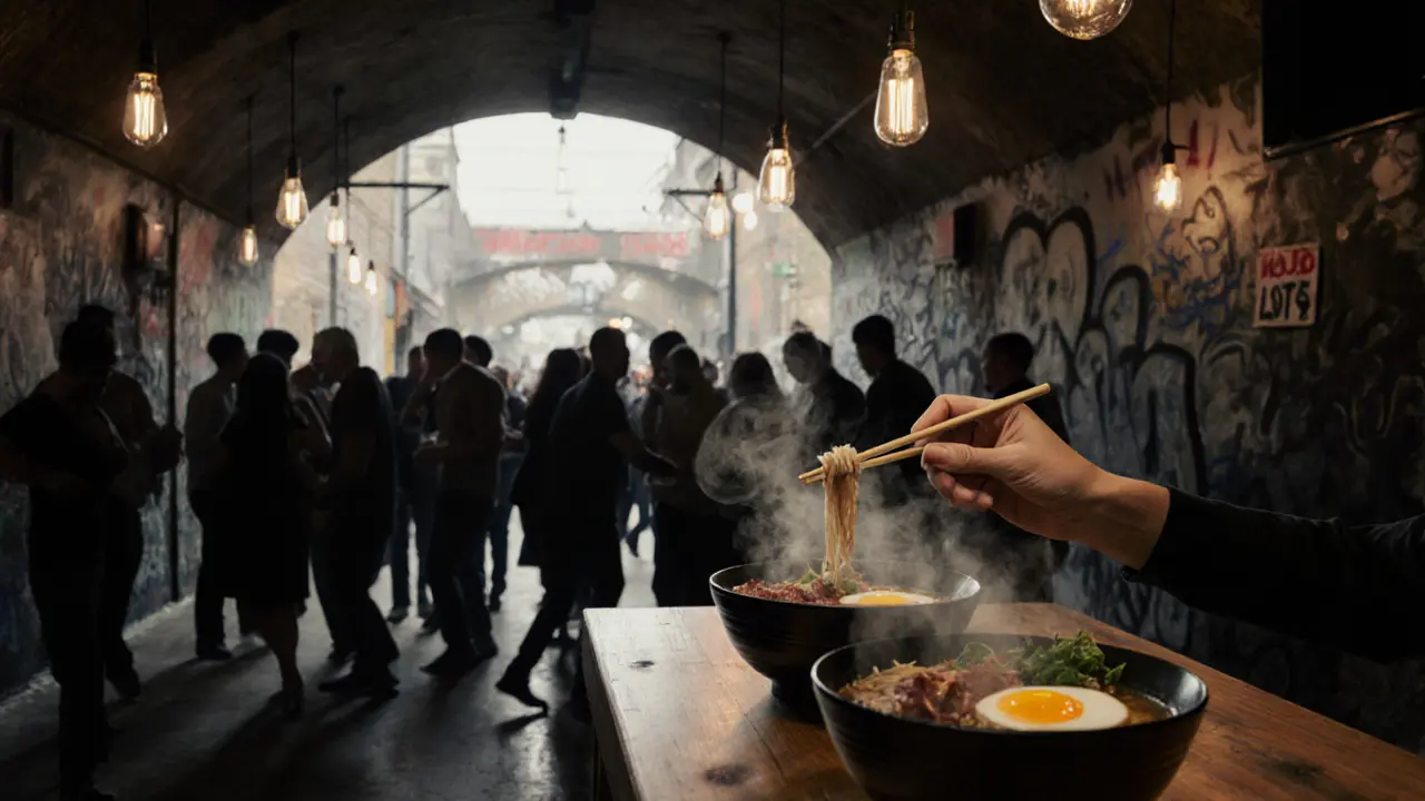 Ramen being eaten on a dance floor at Mojo’s under railway arches with dim lighting.