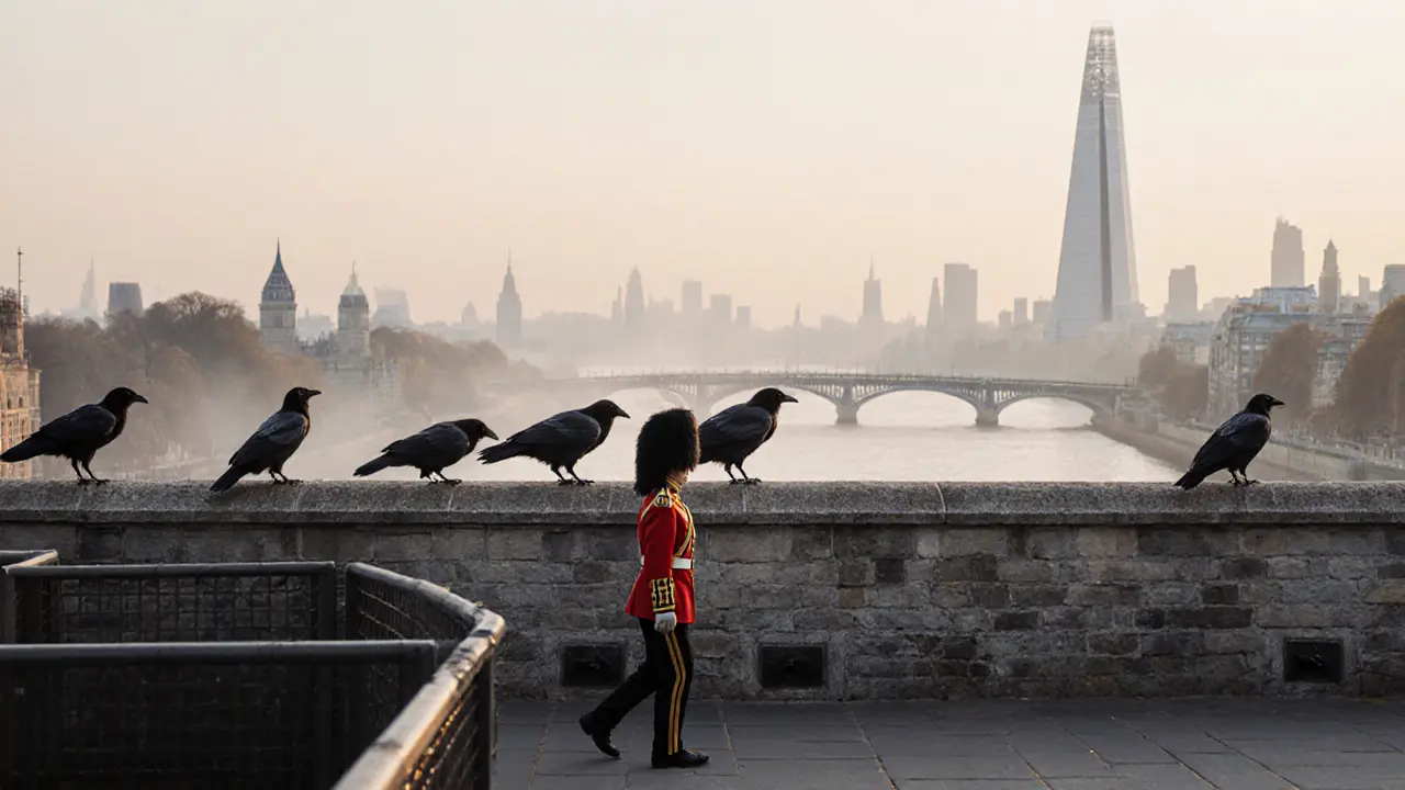 Six ravens on the Tower&#039;s battlements at dawn, a Beefeater walking nearby, old animal enclosures below, modern skyline faint in the distance.