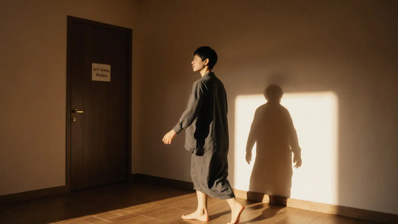 Someone walking barefoot after a massage, glowing with calm, shadow stretching behind them in a minimalist spa.
