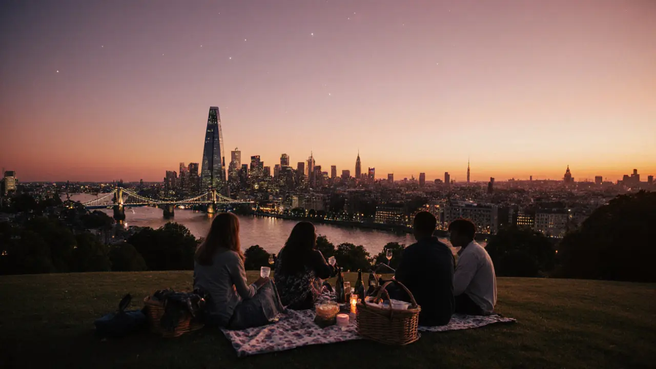 Sunset view from Primrose Hill showing London’s skyline with people picnicking on blankets.
