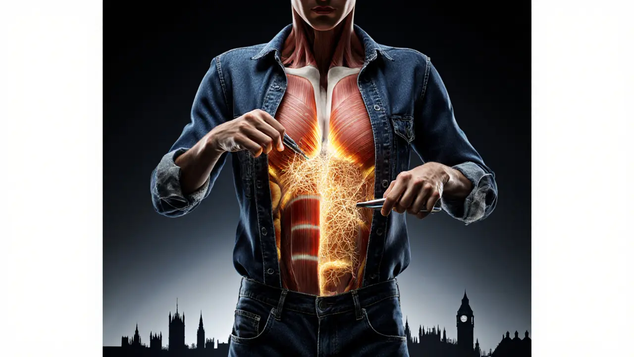 Surreal anatomical illustration of a torso being repaired like torn denim, with muscle fibers being realigned.