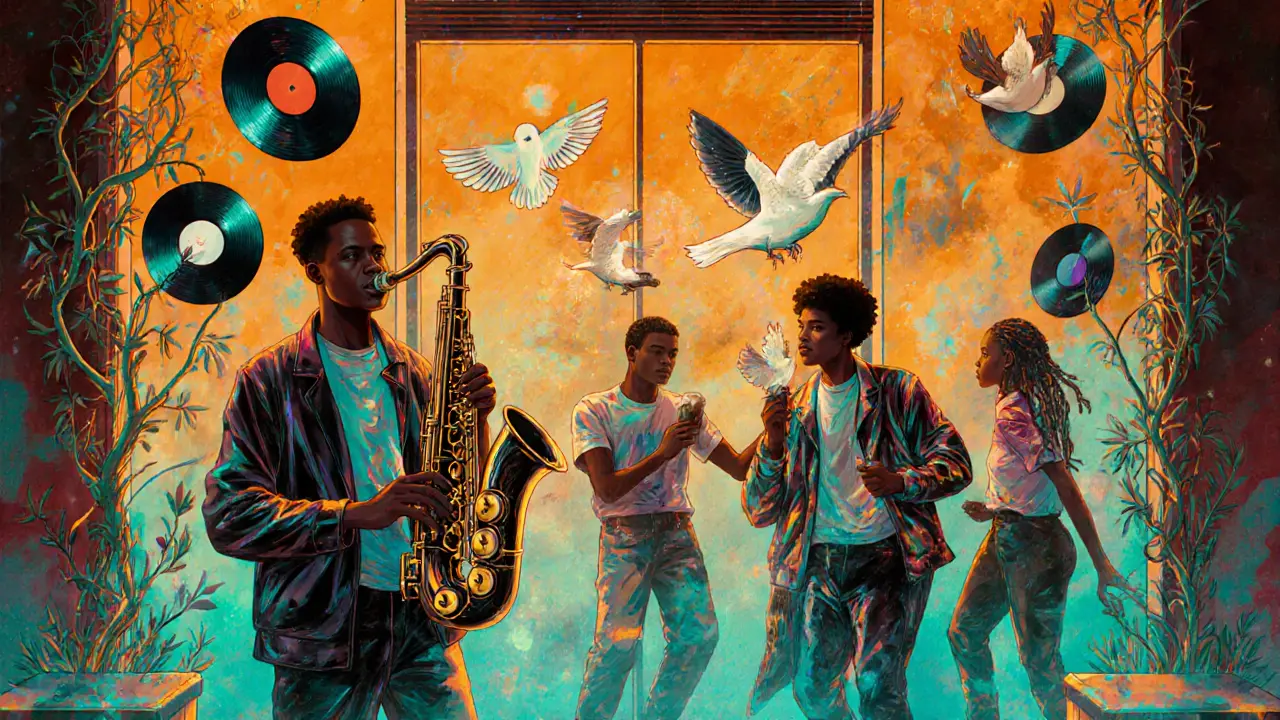 Surreal club scene where music transforms into floating birds and vines, dancers blending into abstract color fields.