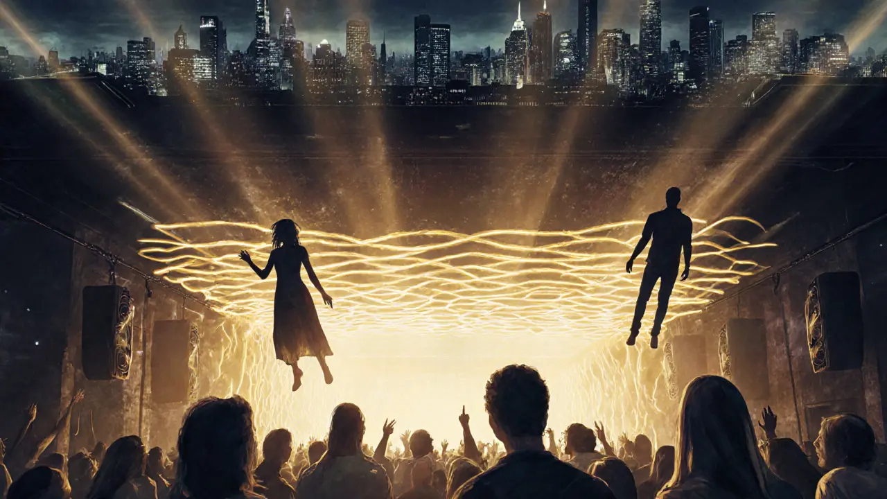 Symbolic underground temple of sound with golden bass waves rising from a dancefloor beneath London.