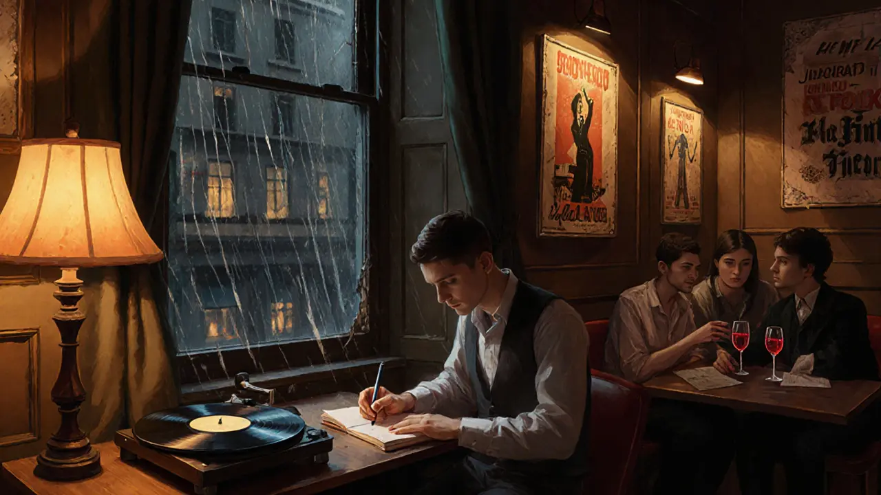 The French House after midnight, with a poet writing and jazz playing in dim, cozy light.