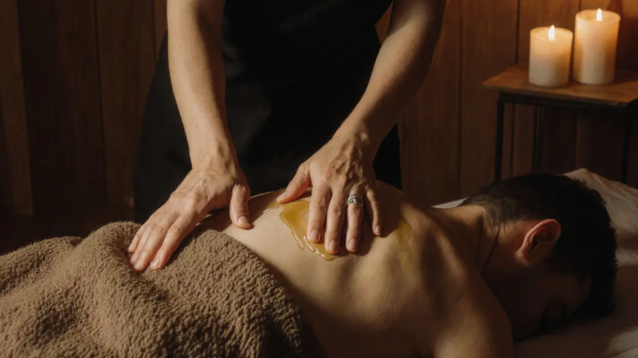 Therapist's hands gently moving over a back under a blanket, oil glistening, in soft candlelit stillness.