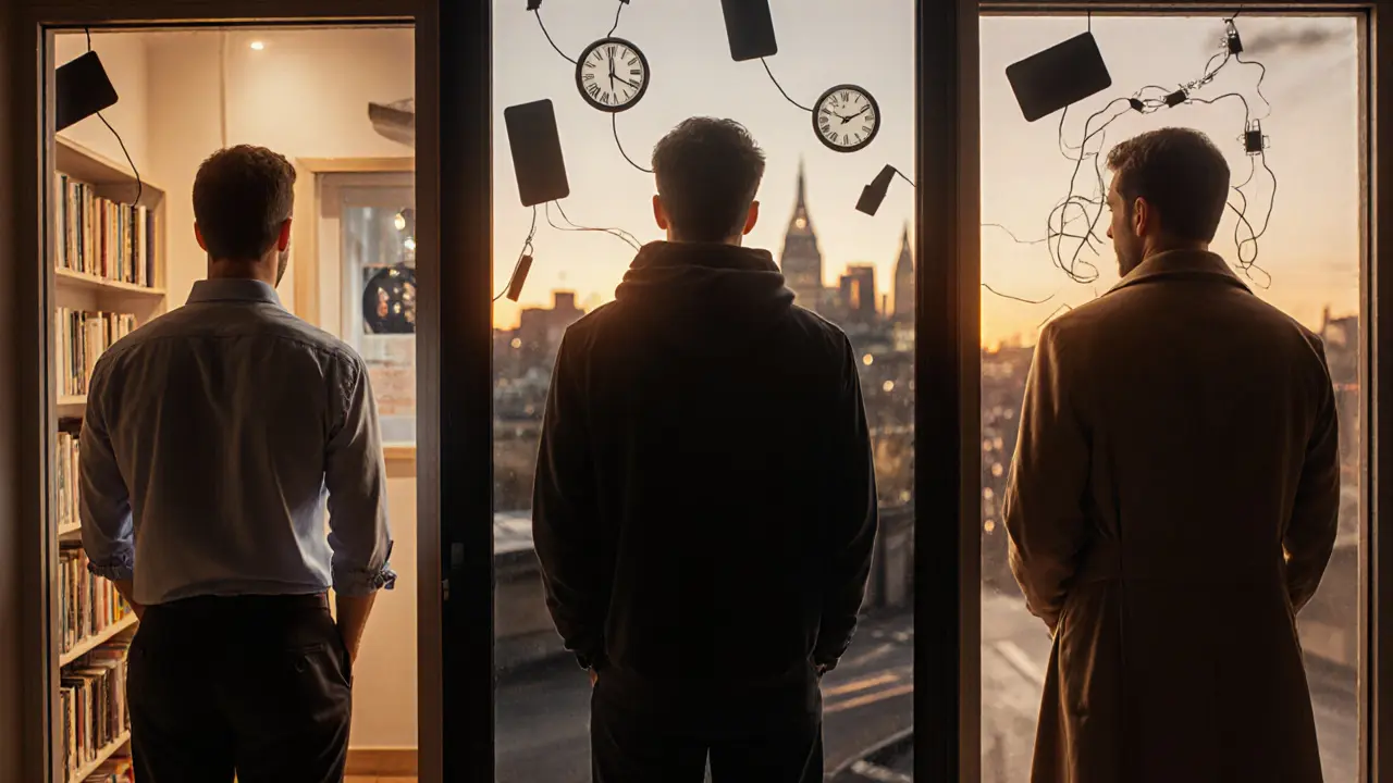 Three diverse Londoners experiencing transformative massage sessions in hidden urban spaces, tension visibly releasing.