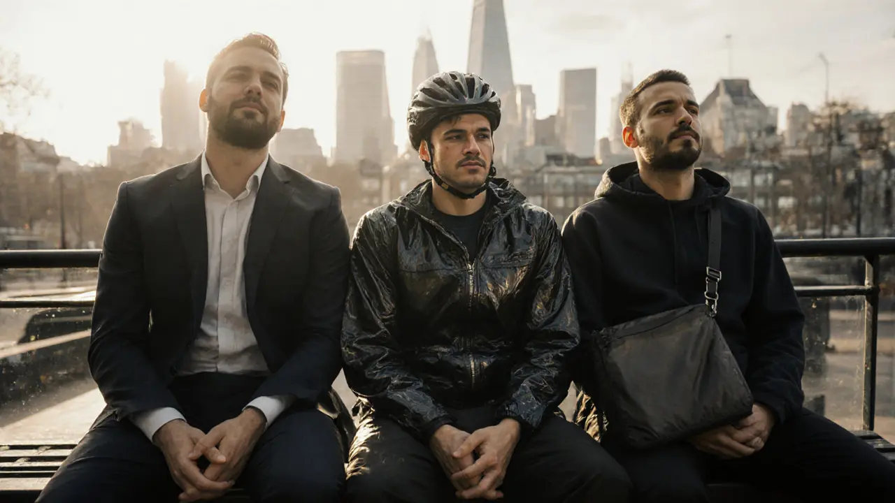 Three London professionals sitting calmly on a bench after massage therapy, showing quiet relief against a blurred city backdrop.