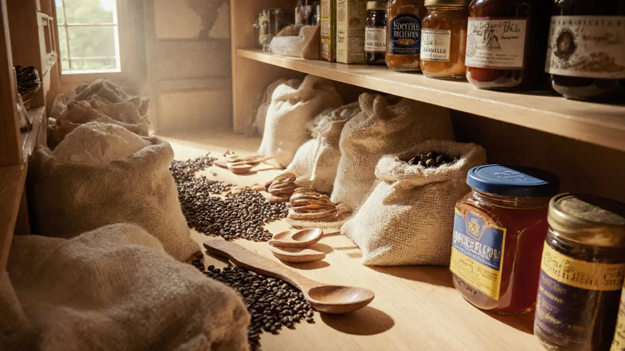 Timeline of royal kitchen tools from wooden spoons to digital archives in a sunlit pantry.